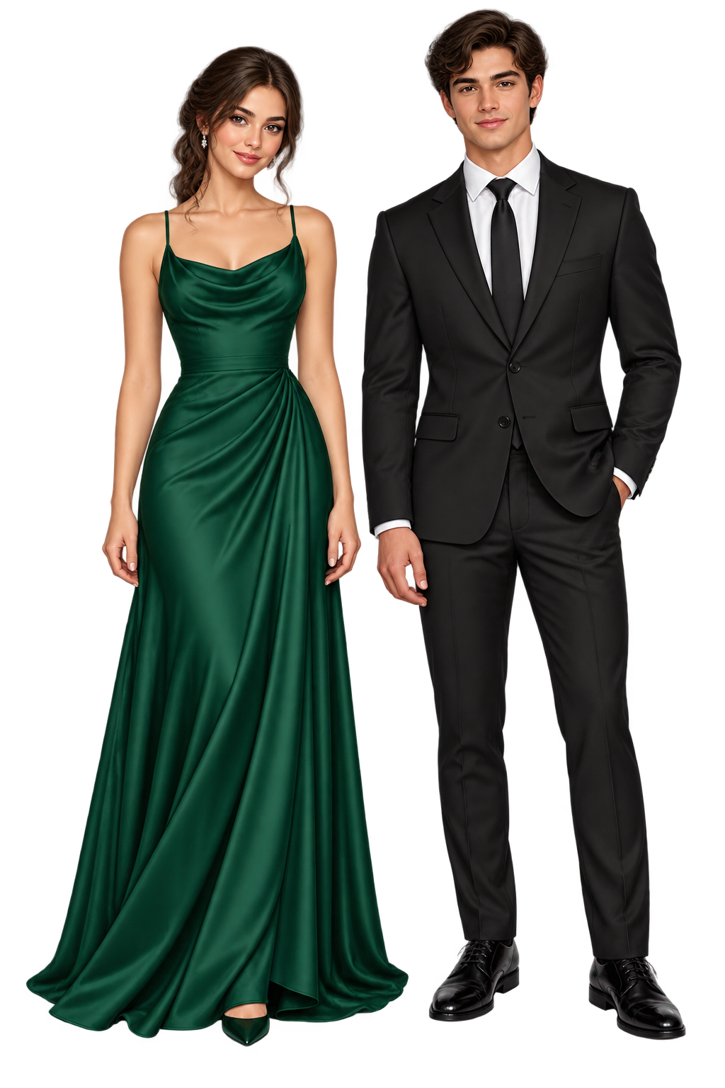 Figuras de referencia: mujer con vestido largo verde esmeralda y hombre con traje negro